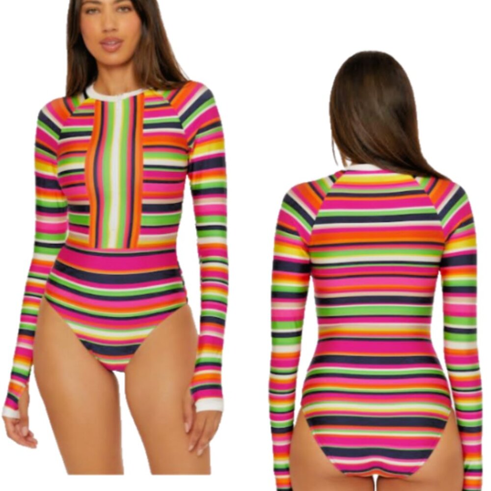 TRINA TURK SWIM Long-Sleeve Paddle Suit - Splash Stripe NWT SZ L